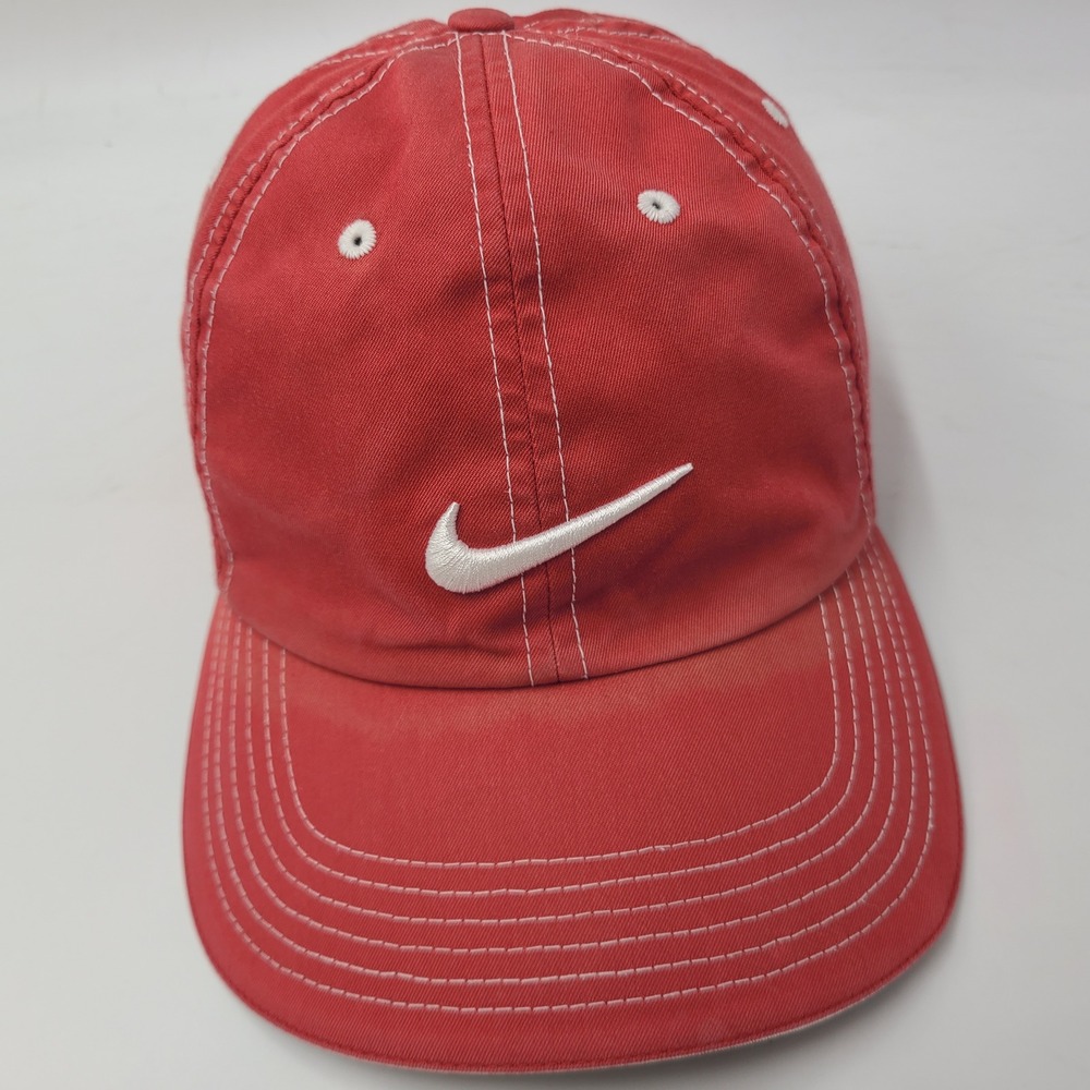 Nike Hat Adjustable (Fits Small) Red White Nike Golf Swoosh Logo Distressed Men